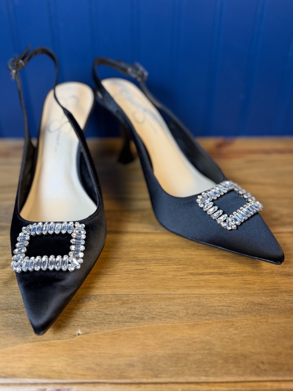 Jessica Simpson Black Satin Rhinestone Slingback Pumps Heels Size 10 NIB